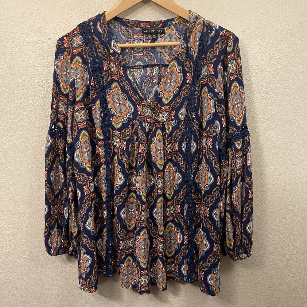 Signature Studio Peasant Boho Top Long Sleeve Crochet Lace Multicolor Sz XL